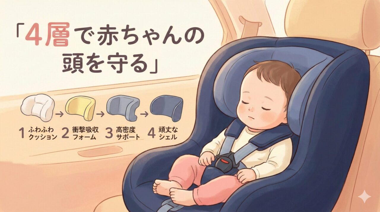 クルリラエックスプラスは4層構造で赤ちゃんの頭を守ってくれる