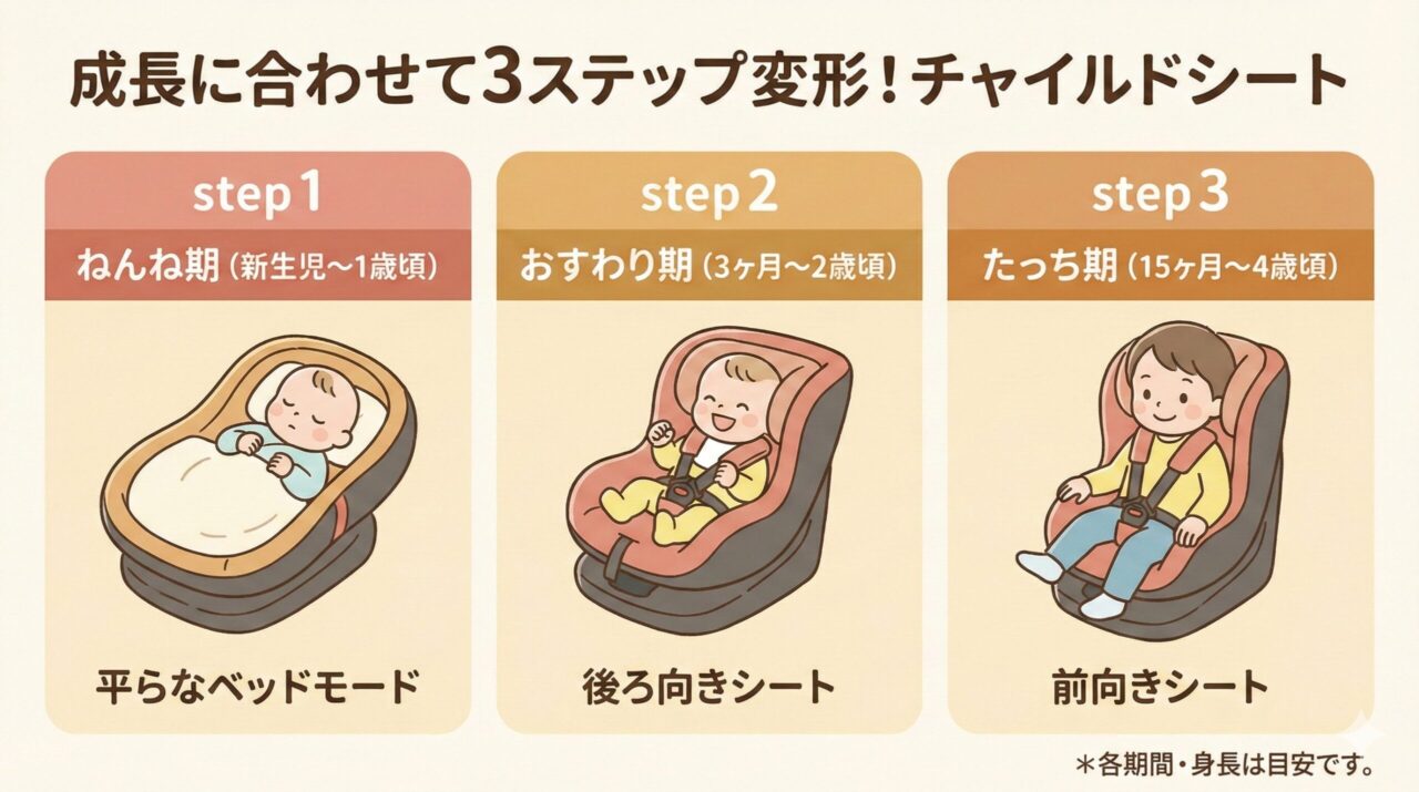 アップリカのチャイルドシートは成長に合わせて3ステップ変形