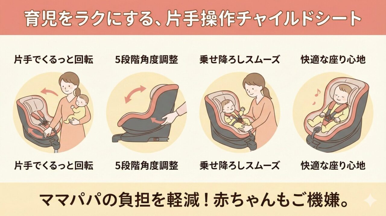 コンビチャイルドシートは横向きにした時にも座面が固定できる