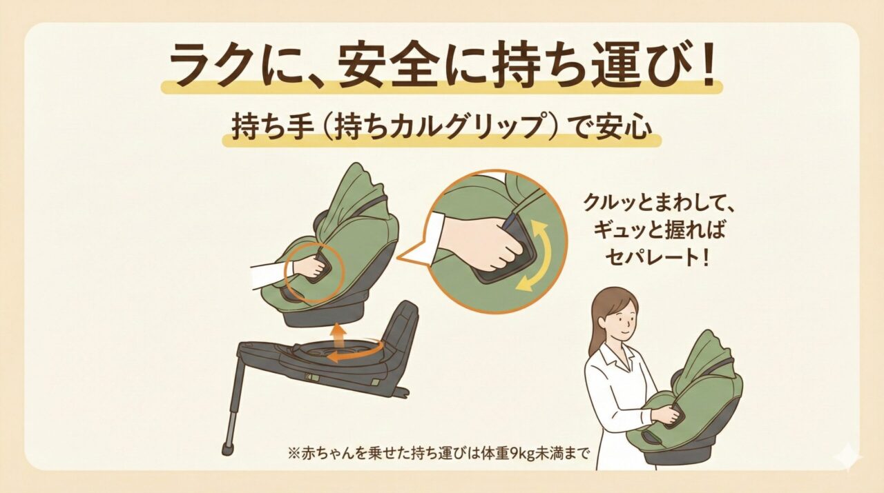 コンビのチャイルドシートは持ち手があって運びやすい