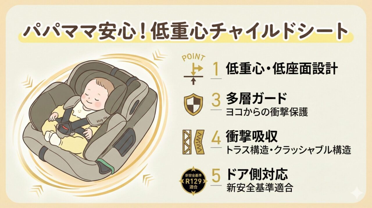 コンビチャイルドシートの低重心・低重面設計