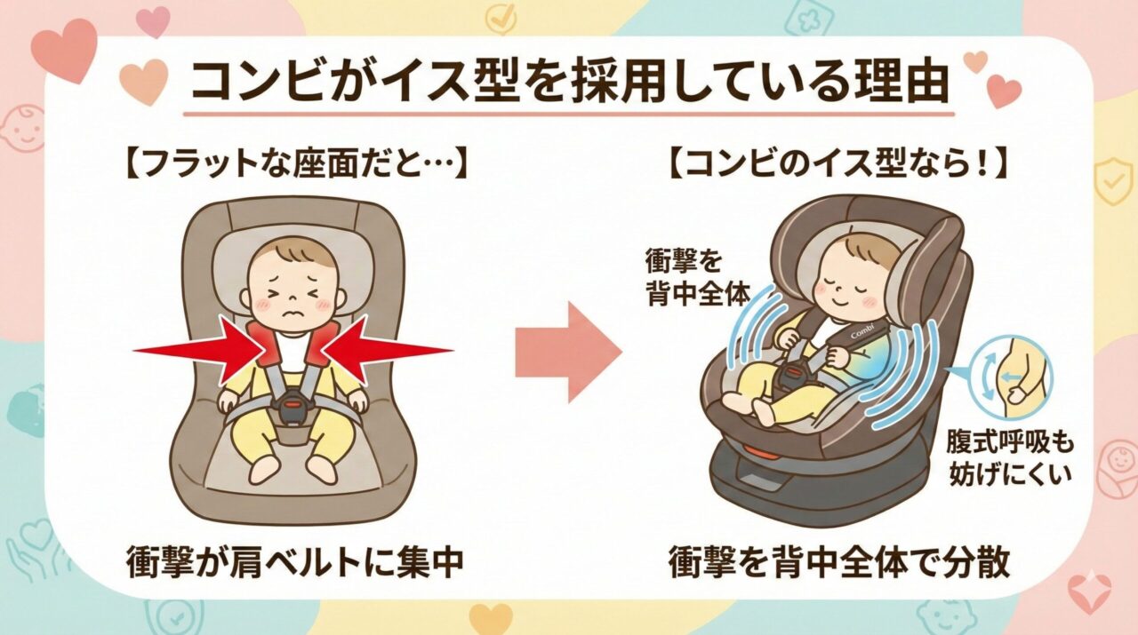 コンビがイス型を採用している理由。衝撃を背中全体で受け止め、分散させる。フラットな座面だと衝撃が肩ベルトだけに集中してしまう。腹式呼吸も妨げにくい。