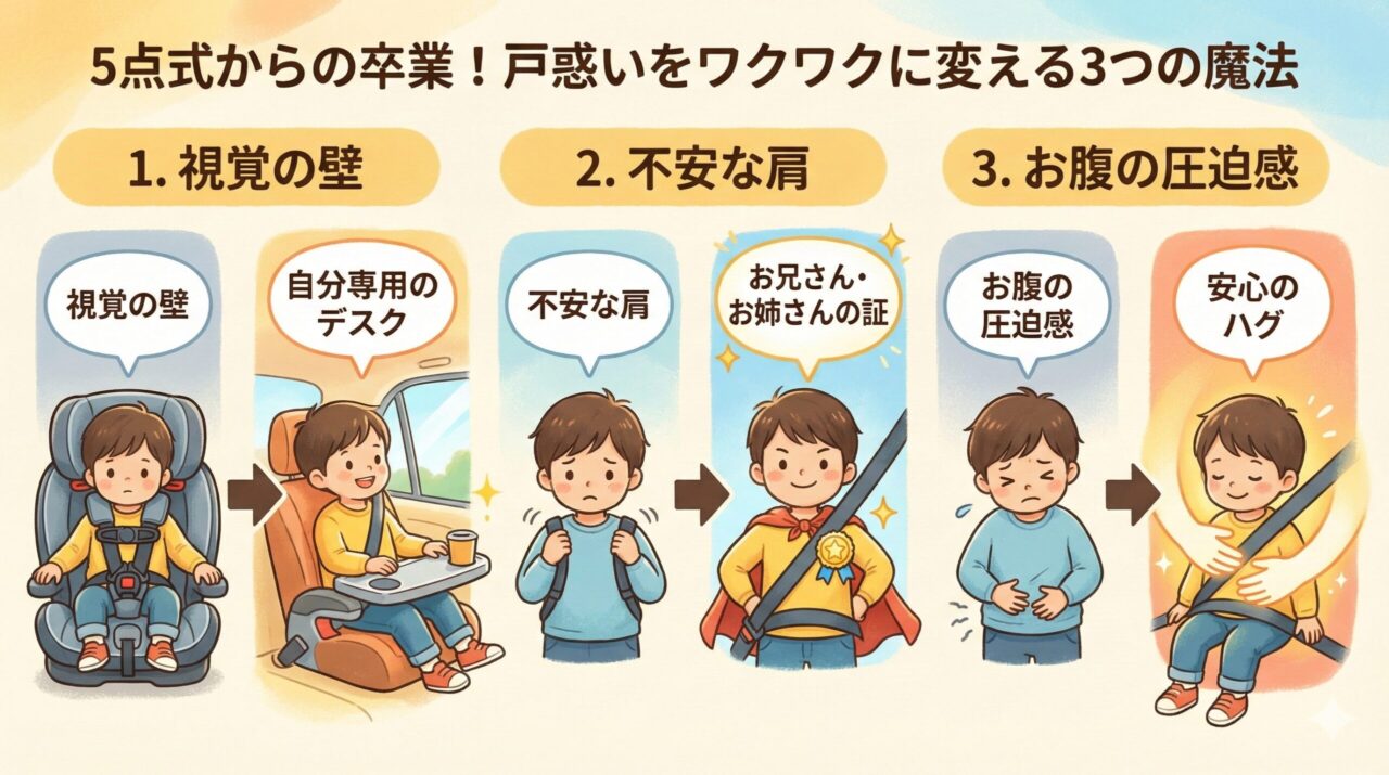 5点式ベルトからの乗り換えで、子どもが戸惑う3つのポイントと克服法