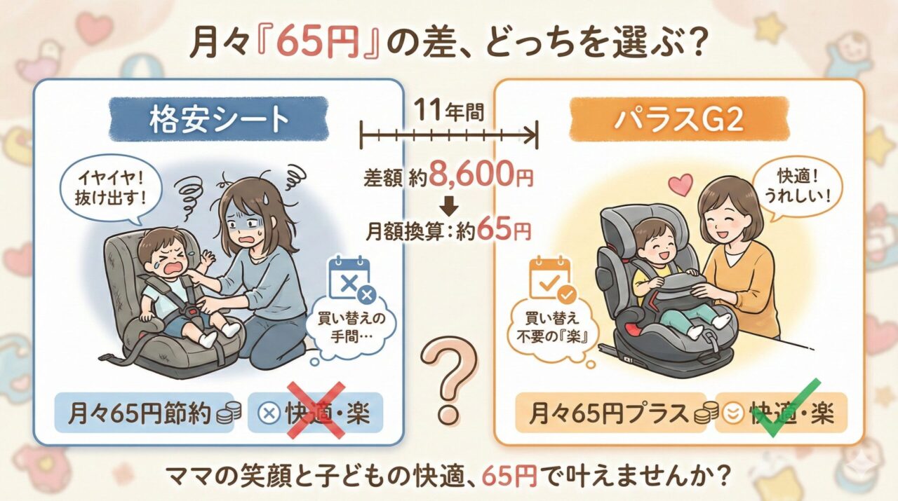 月々65円の差なら,どっちを選ぶ.
格安シート： 月々65円節約できるが、買い替えの手間や、子どもの抜け出し・イヤイヤに悩まされる。
パラスG2： 月々65円プラスするだけで、子どもが喜ぶ快適な座り心地と、買い替え不要の「楽」が手に入る。