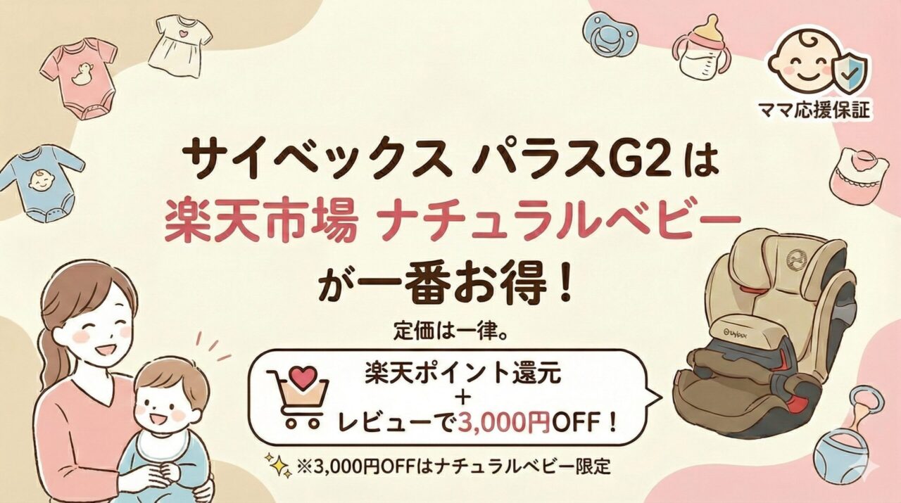 サイベックスのパラスG2は定価はどこも同じ。楽天市場のナチュラルベビーからの購入が1番おすすめ。