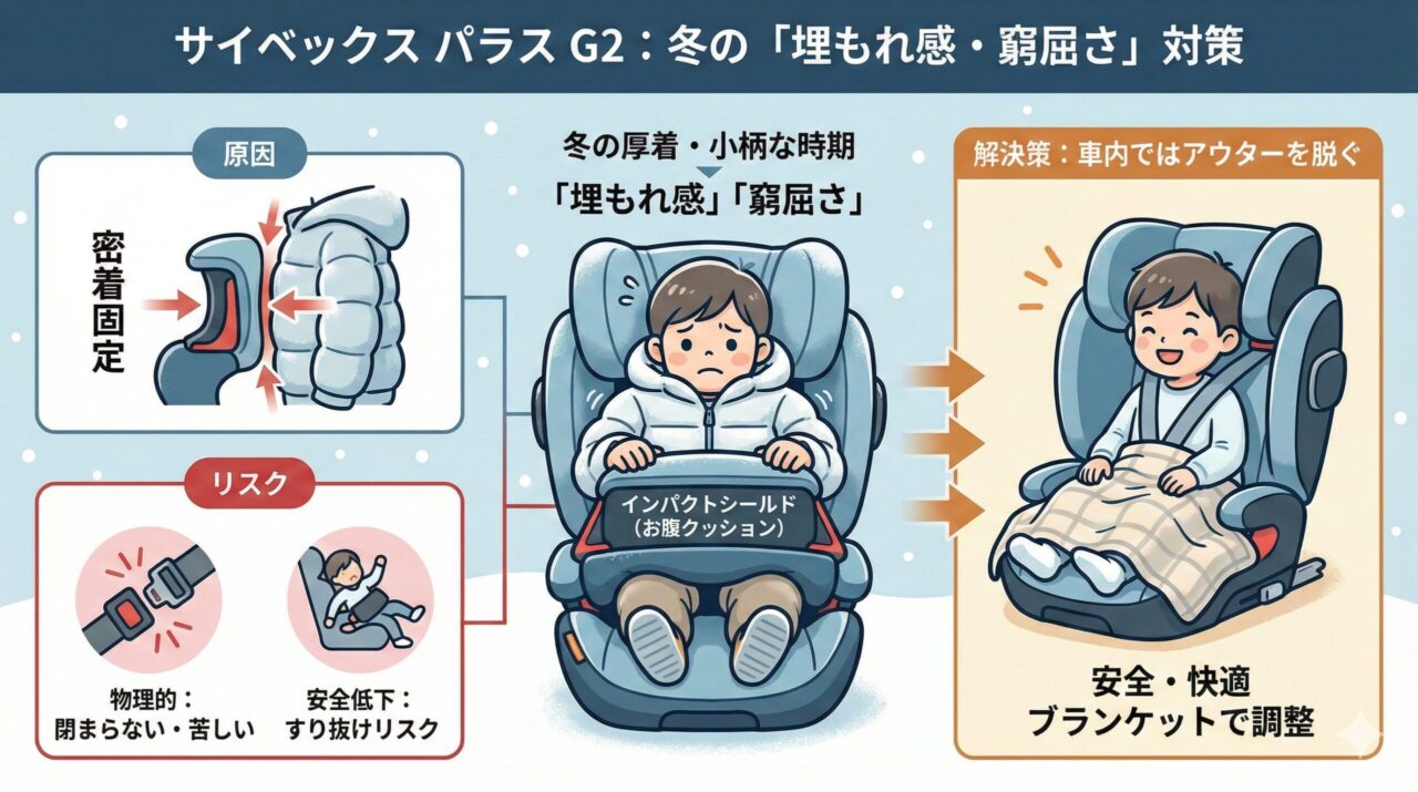 冬場の厚着や小柄な時期は「埋もれ感」や窮屈さがある