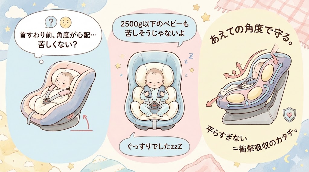 コンビのZC690はリクライニングの角度と新生児の首の安定性に不安がある