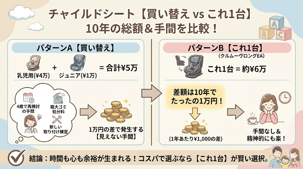クルムーヴロングEAを最安値で買う方法・【買い替えかロングユース】4歳の買い替え手間と総額