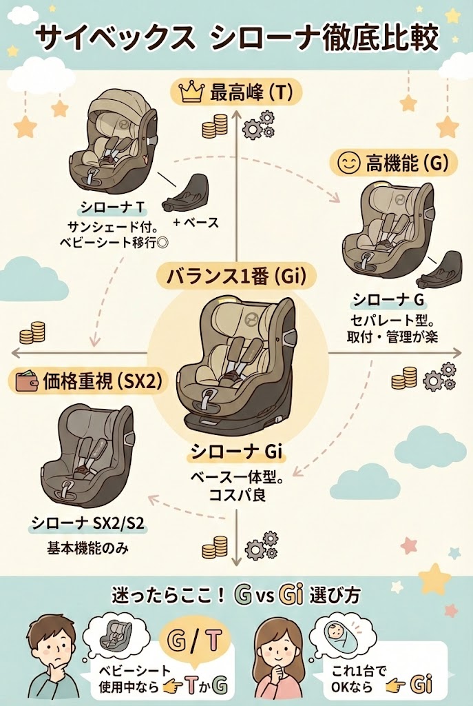 サイベックス シローナシリーズ(T, Gi, S2/SX2)の価格と機能・快適性を比較したインフォグラフィック。Tは高機能・高価格、Giはバランス型、S2は低価格・ベーシック機能に位置付けられています。