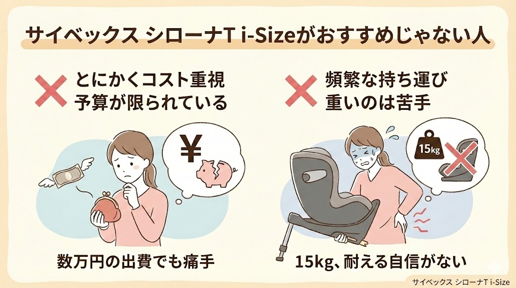 サイベックス シローナT i-Sizeがおすすめじゃない人はコスパ重視の人。重いものの持ち運びが苦手な人。