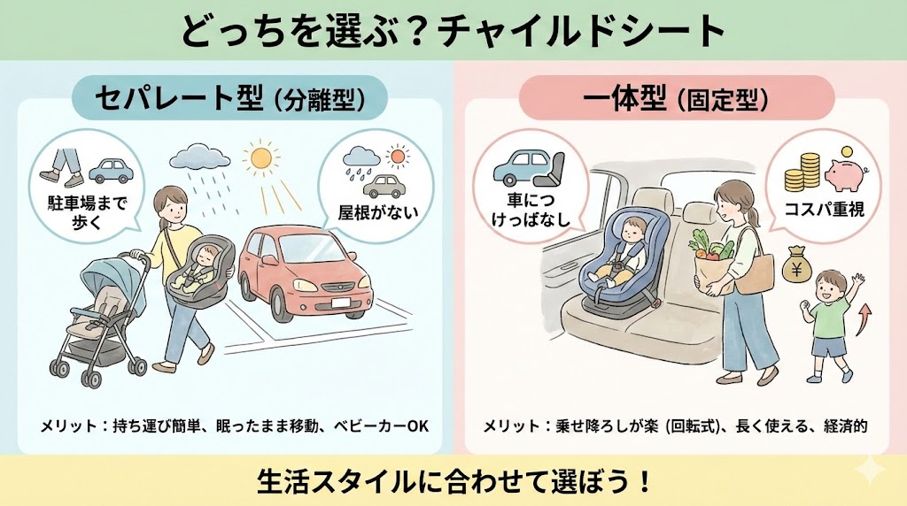 チャイルドシートのセパレート型と一体型の違いを徹底比較します