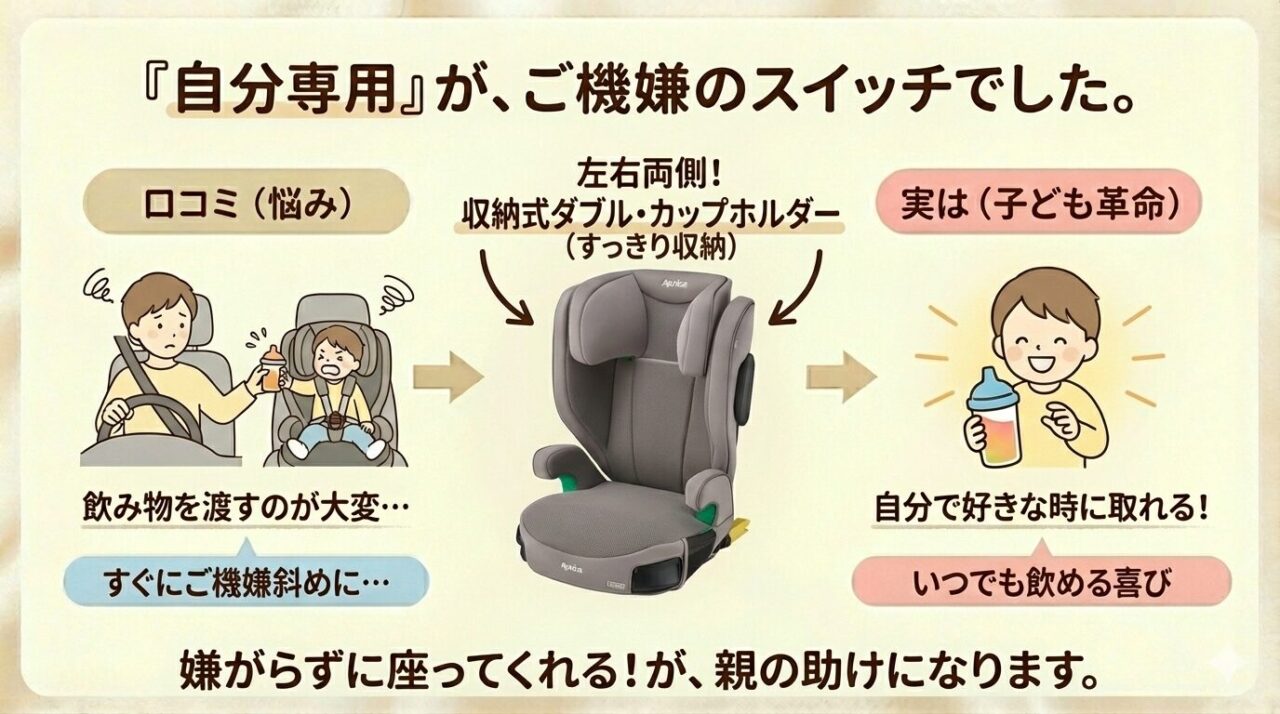 アップリカのライドクルーISOFIXABは「自分専用」のカップホルダーで子どもがご機嫌になる