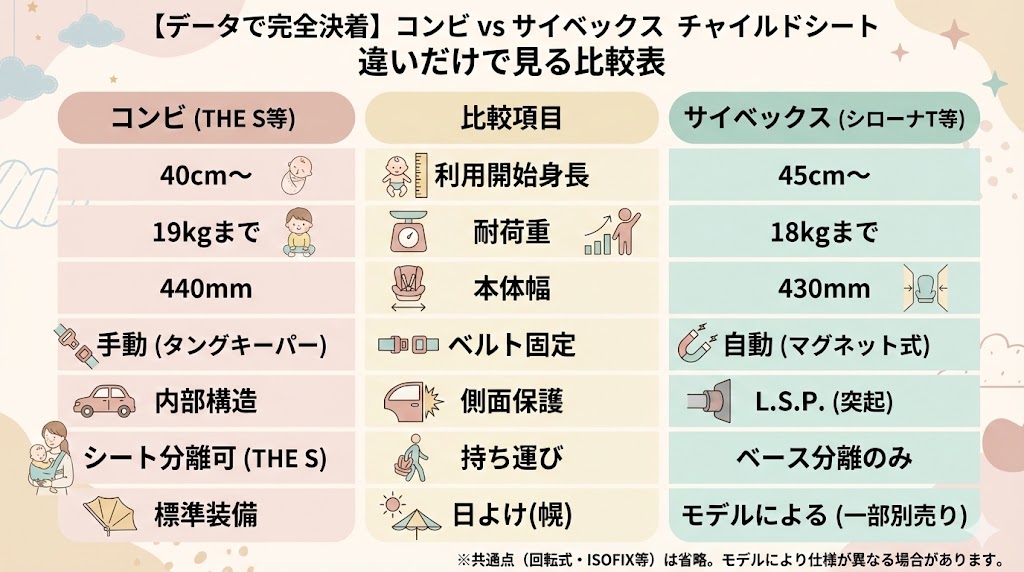 コンビとサイベックスチャイルドシート全スペック比較