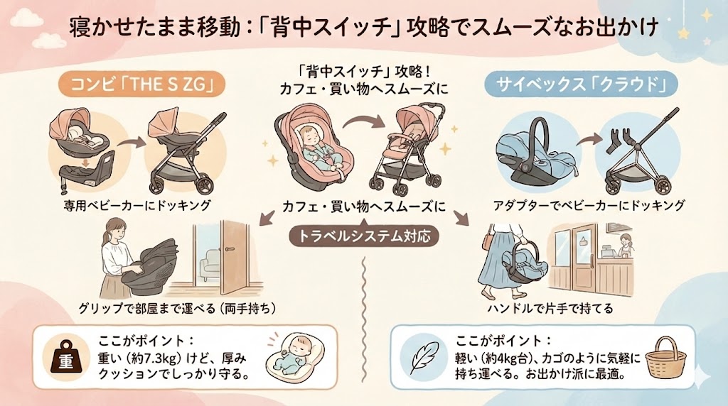 コンビとサイベックスのチャイルドシートは車で寝てしまった赤ちゃんを、起こさずに移動できる「トラベルシステム」対応モデル。