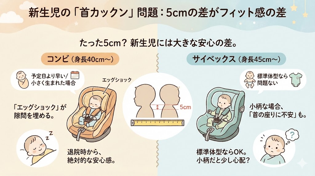 コンビとサイベックスのチャイルドシート身長40cmと45cmのフィット感の違い