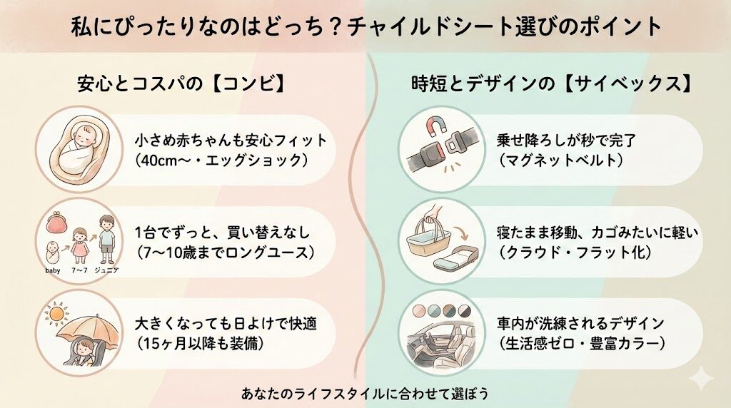 コンビとサイベックスのチャイルドシートあなたはどっち?