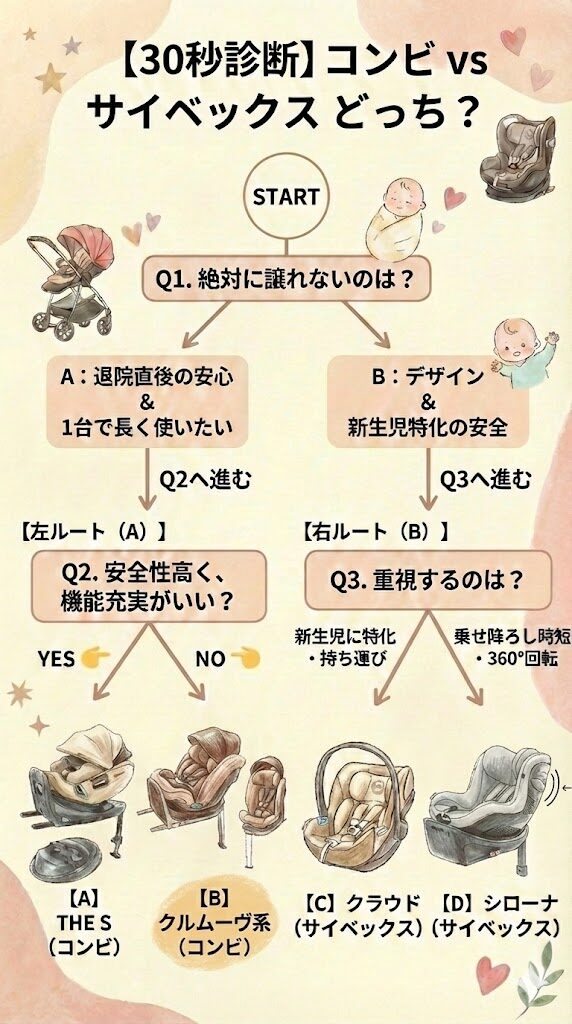 コンビとサイベックスのチャイルドシートおすすめ診断チャート