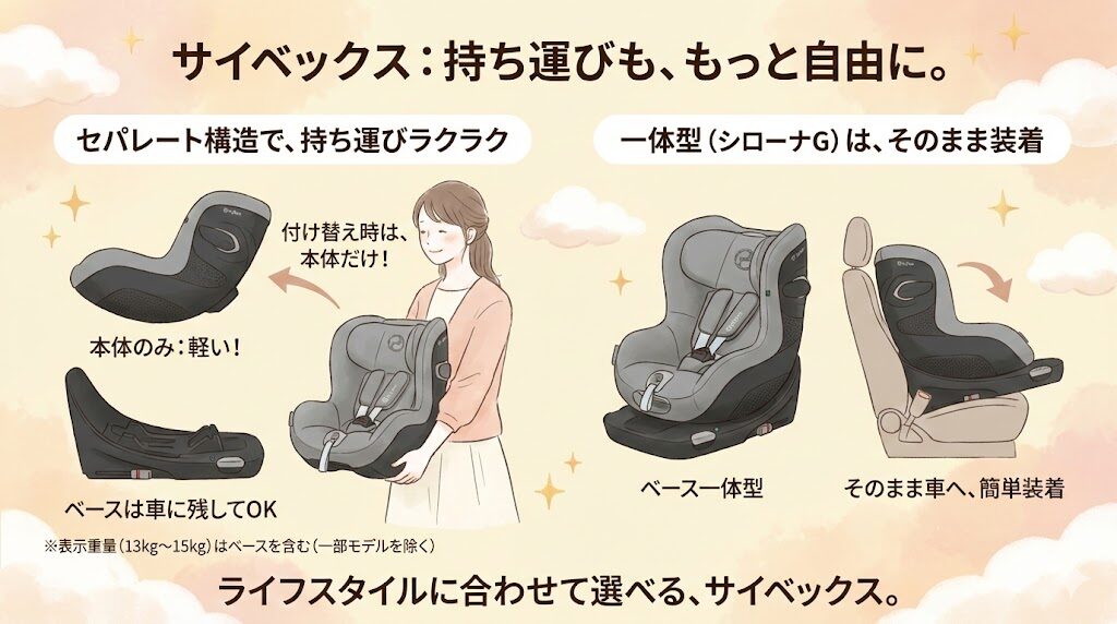 サイベックスのチャイルドシート軽く・持ち運びが楽々