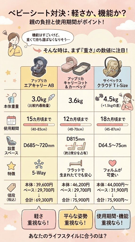 ベビーシート対決：サイベックスとアップリカのベビーシート比較