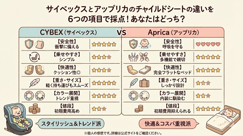 サイベックスとアップリカのチャイルドシートの違いを6つの項目で比較！