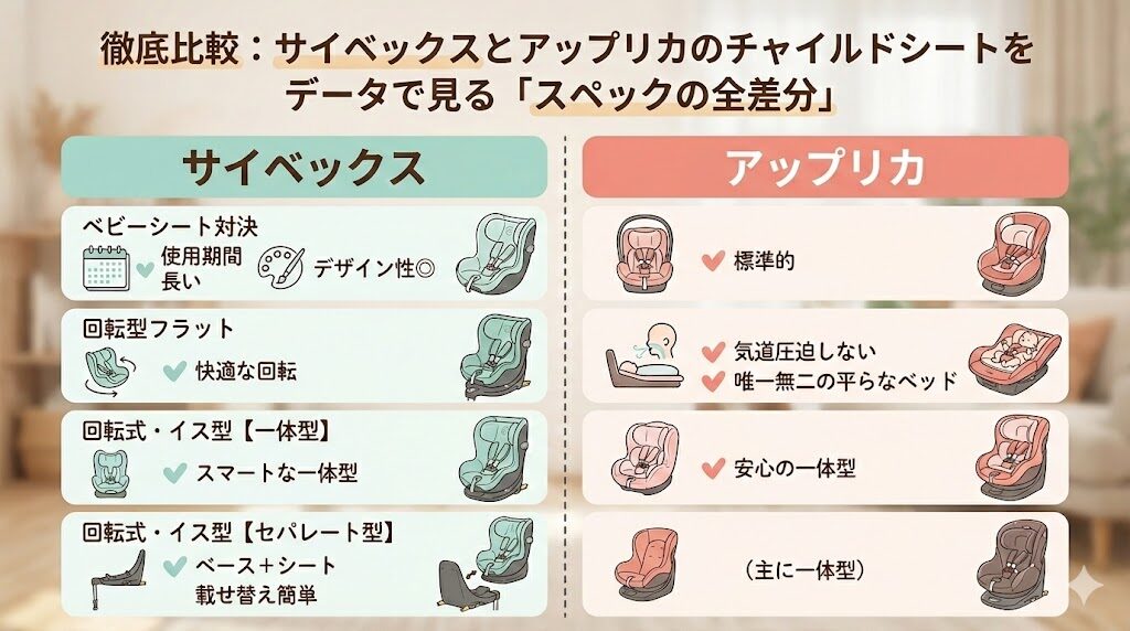 サイベックスとアップリカのチャイルドシートをデータで見る「スペックの違い」