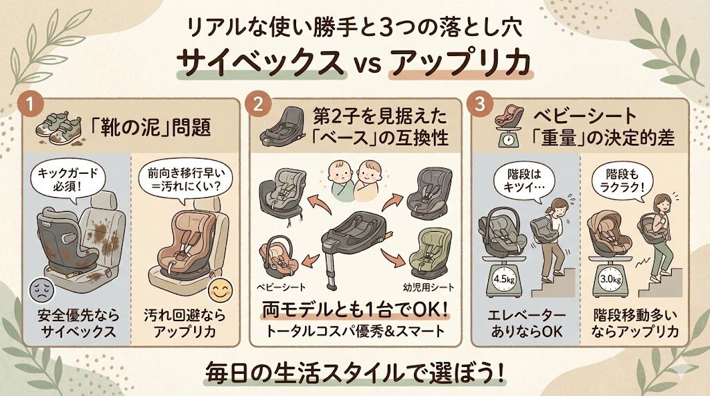サイベックスとアップリカのチャイルドシート｜リアルな使い勝手と3つの落とし穴