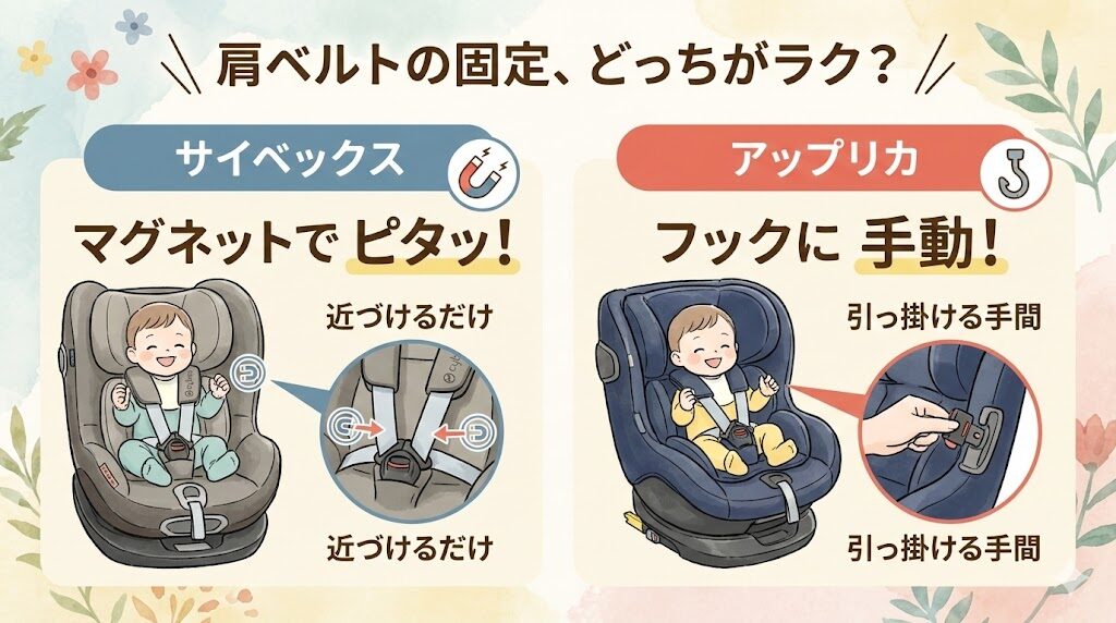 肩ベルトのバックルをシートのサイド部分に固定する方法