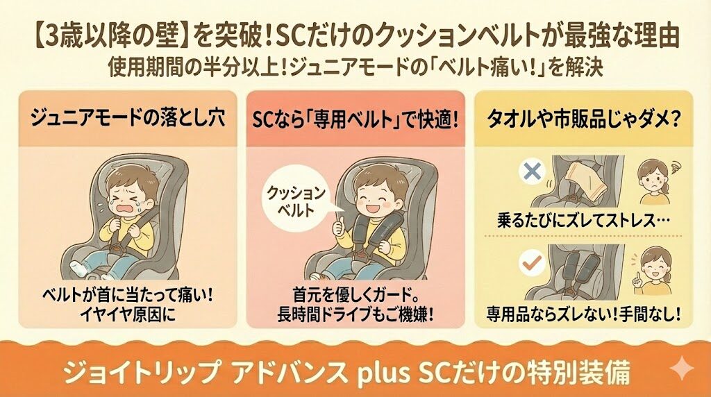 【3歳以降の壁】SCだけの「ジュニア用クッションベルト」が実は最強のメリットな理由