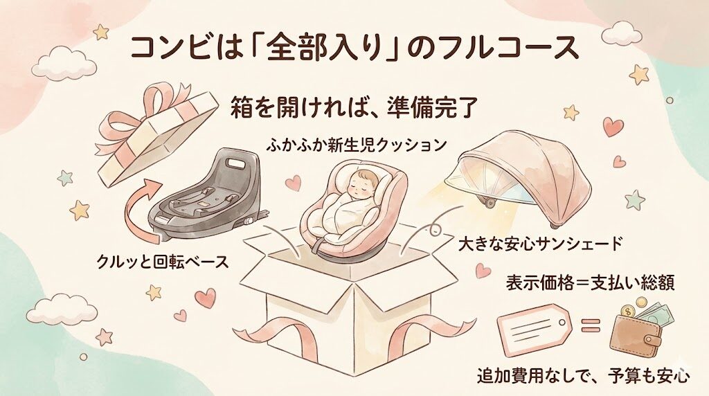 コンビのチャイルドシートは「全部入りのフルコース」