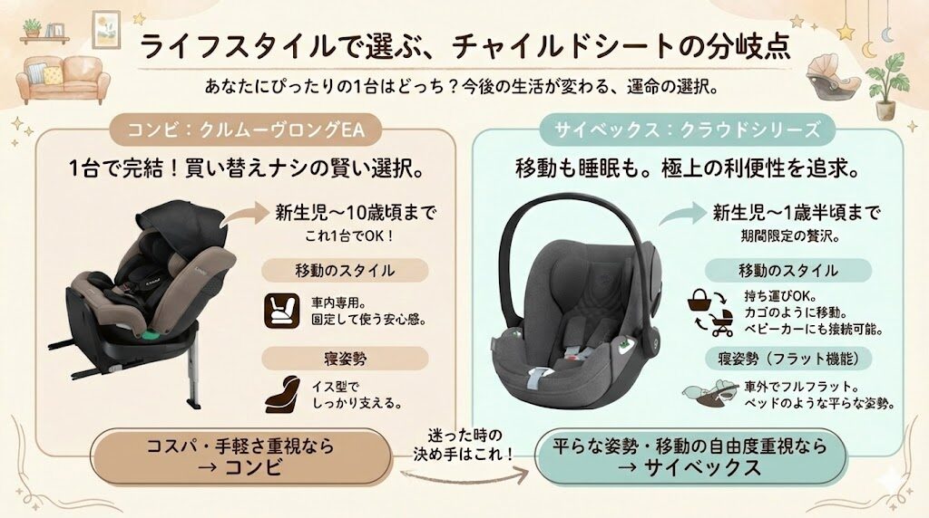 コンビとサイベックスのチャイルドシート違い|ロングユース対ベビーシート特化