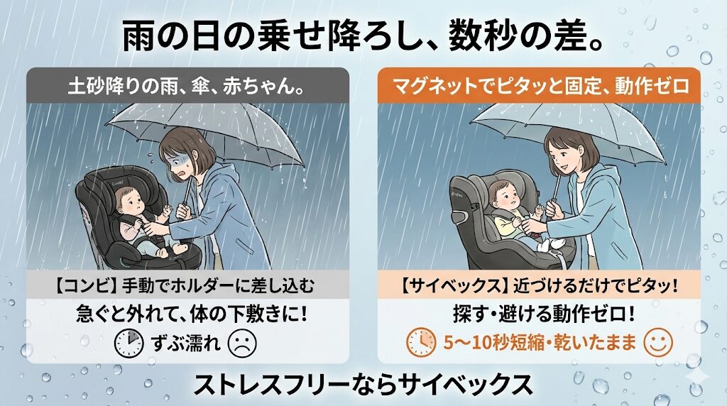 雨の日の乗せ降ろしのしやすさ|「マグネットベルトホルダー」と「ラクピタキーパー」