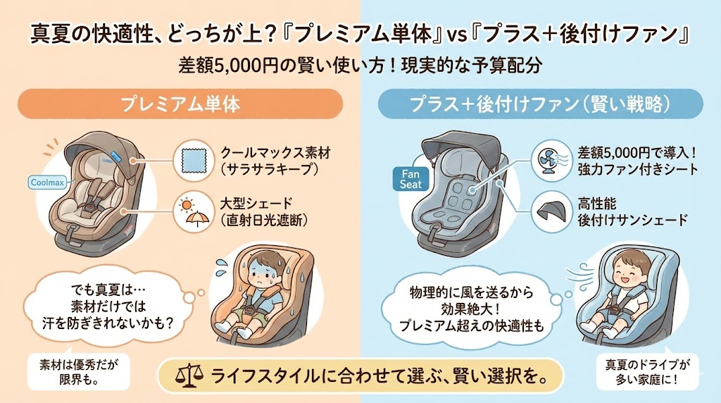 「プレミアム単体」vs「プラス+後付けファン」真夏の快適性比較