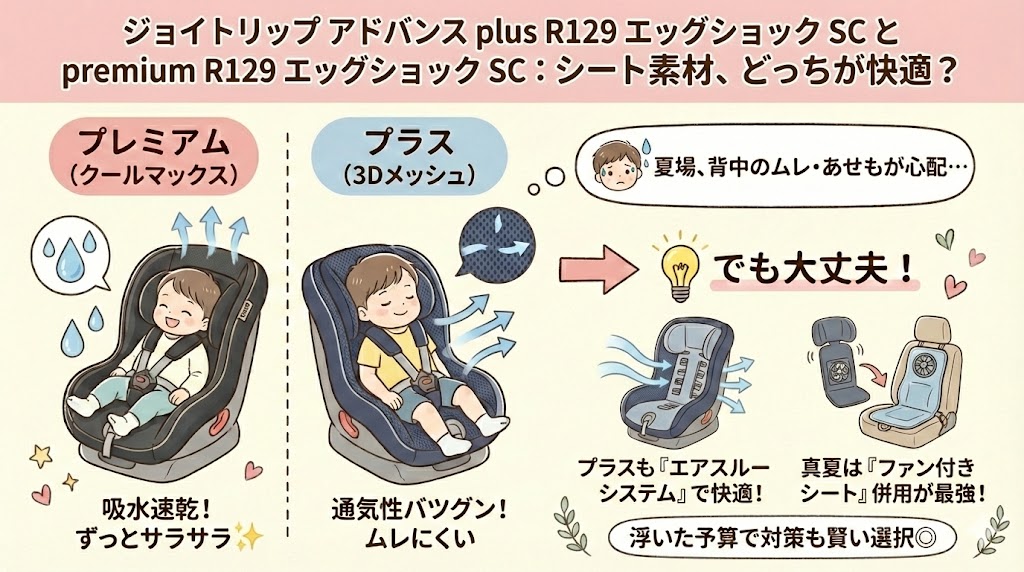 ジョイトリップ アドバンスプレミアムはクールマックスファブリック。ジョイトリップ アドバンスプラスは通常の「3Dメッシュ」。