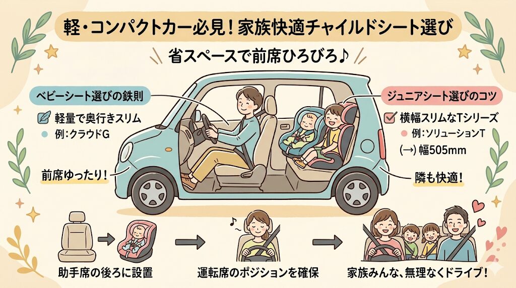 軽自動車・コンパクトカー:前席を圧迫しない省スペースモデルの組み合わせ