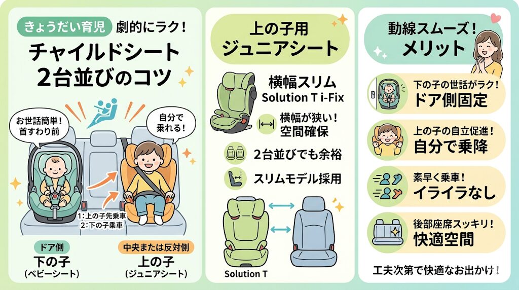 年子・きょうだい育児:後部座席に2台並べる際の乗せ降ろしがラクな組み合わせ