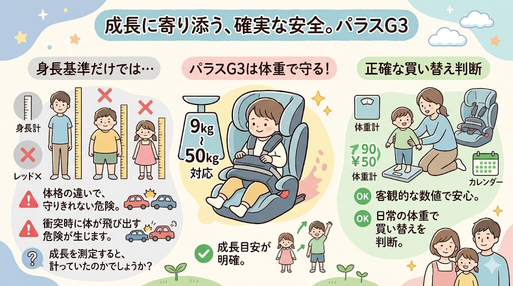 適応体重の記載：パラスG3は50kgまで対応し成長の目安が明確