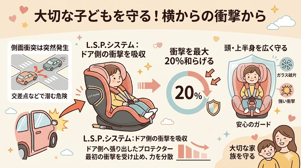 サイベックスパラスG2・パラスG3の側面衝突プロテクション：独自のL.S.P.システムがドア側の衝撃を吸収