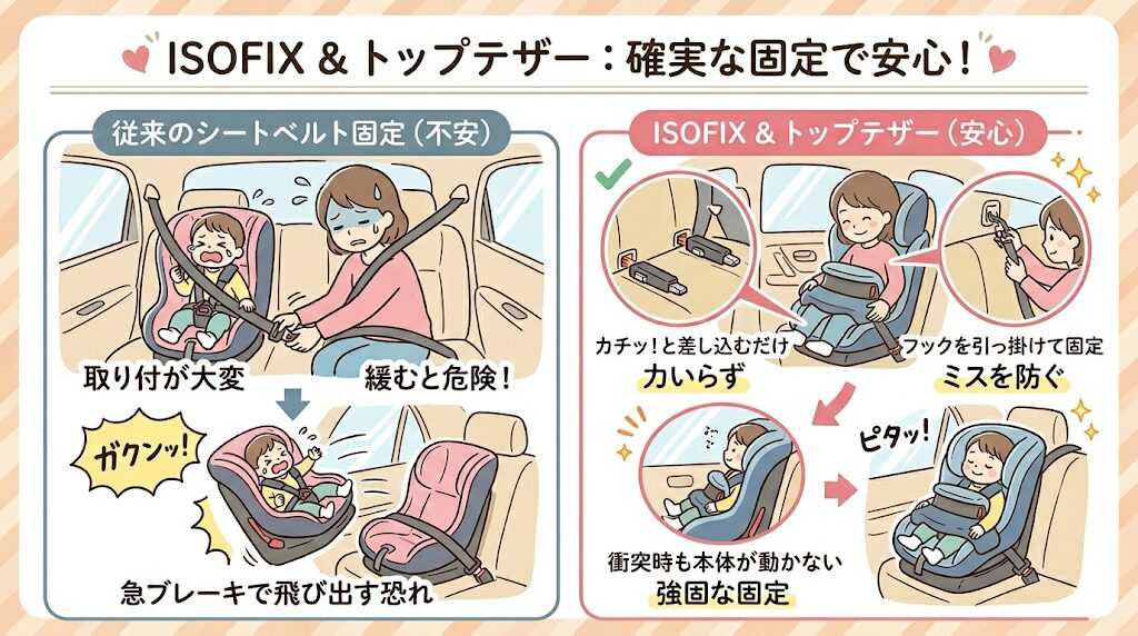 サイベックスパラスG2・パラスG3のISOFIXとトップテザー：取り付けミスを防ぎ安全に固定できる