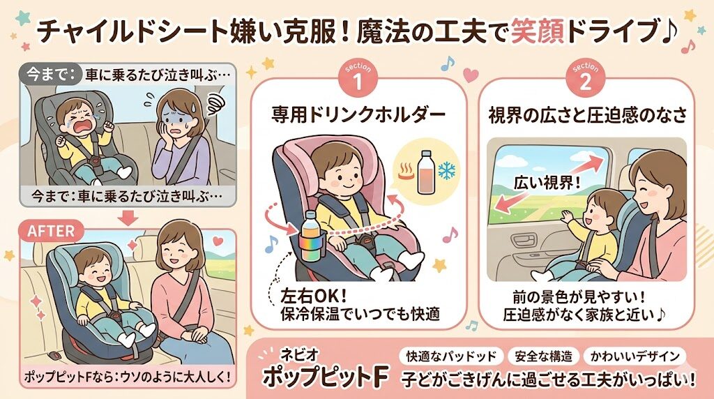 ネビオのポップピットFの良い口コミ|チャイルドシート嫌いがなくなった