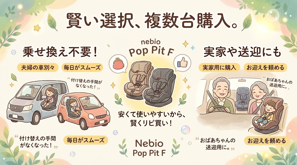 ネビオのポップピットFを複数台購入している人の意見|夫婦の車・実家の車など「車ごとの専用シート」用に購入した人の声