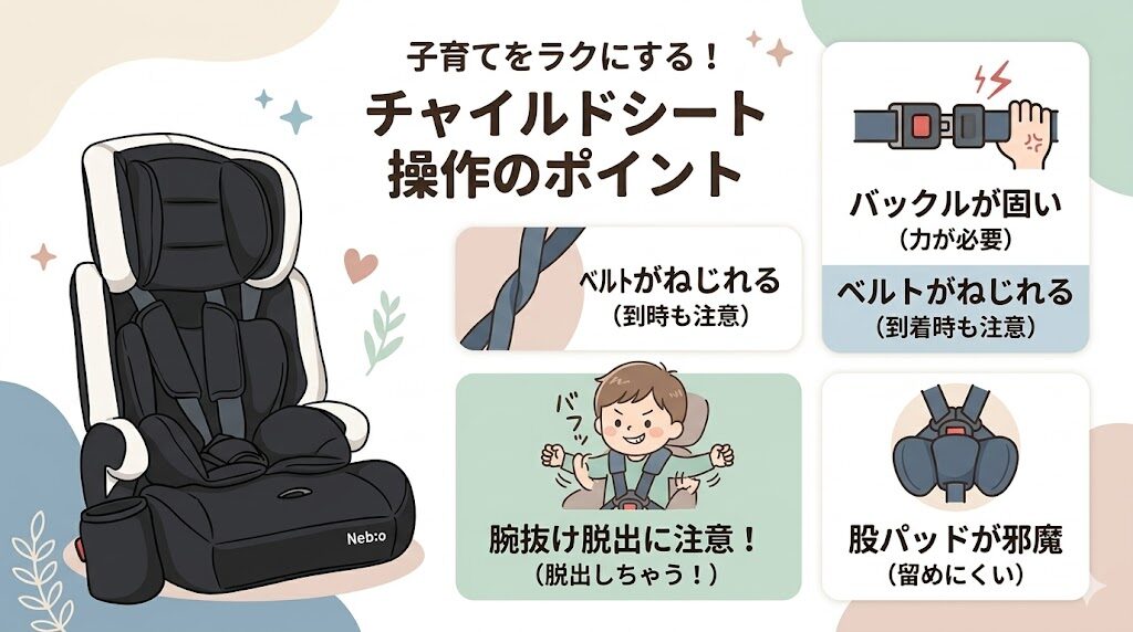 ネビオのポップピットFの悪い口コミ|バックル・ベルトの操作がしにくい