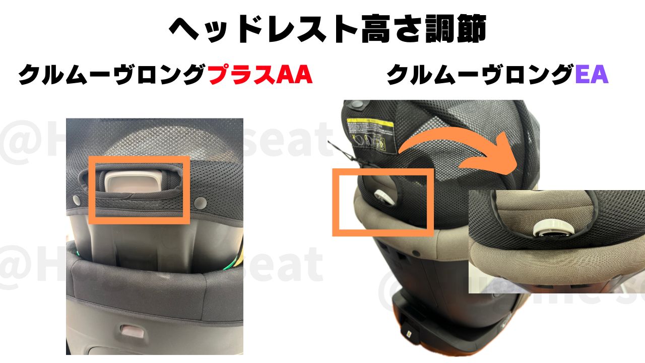 クルムーヴロングプラスAAとクルムーヴロングEAのヘッドレスト高さ調節。（実際の写真）