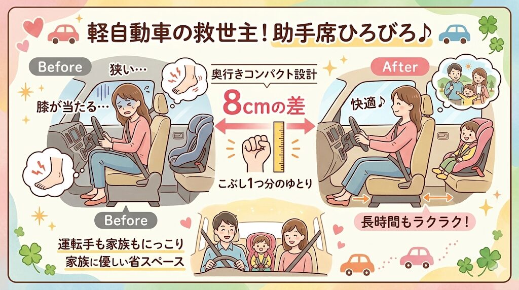 軽自動車の救世主｜奥行き8cmの差が助手席の快適度を劇的に変える