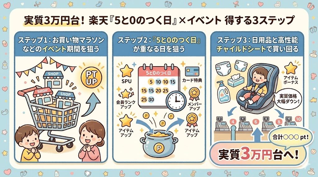 楽天市場「5と0のつく日」×イベントで実質3万円台にする3ステップ
