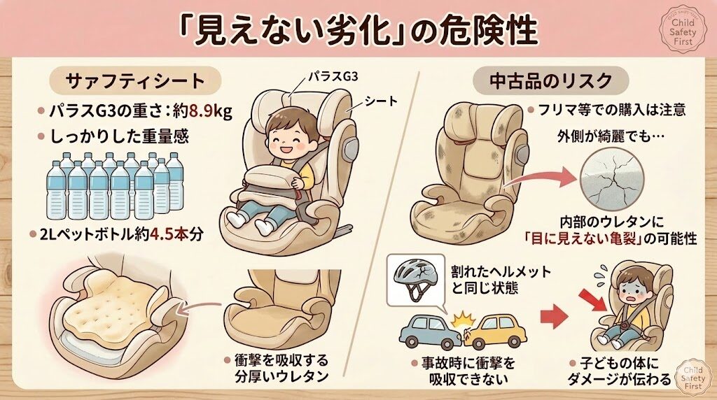 見えない劣化の危険：中古は事故の時に安全を発揮できない