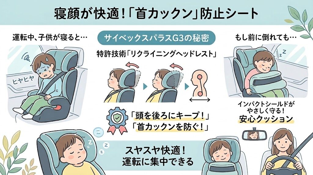 サイベックスパラスG3の良い口コミ：ヘッドレストで「首カックン」が防止できる