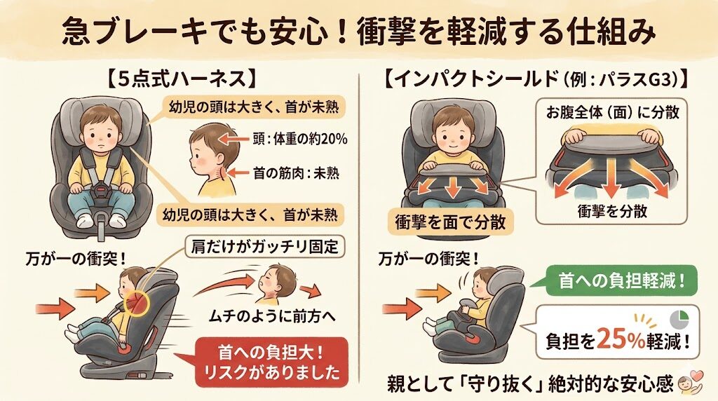 サイベックスパラスG3の良い口コミ：急ブレーキでも安心な衝撃を軽減する