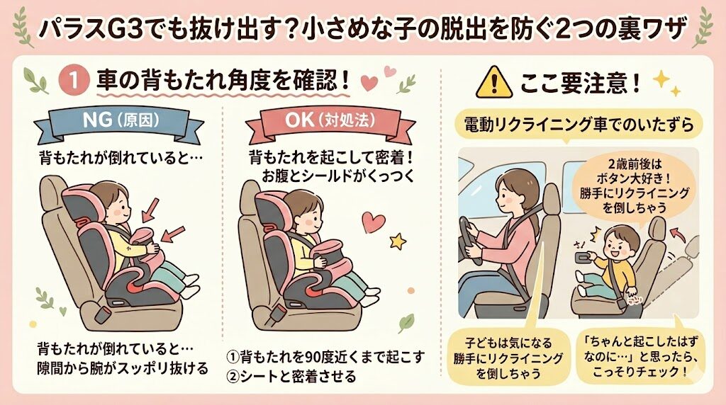 パラスG3でも抜け出す？小さめな子どもの脱出を防ぐ2つの裏ワザ：車の背もたれのリクライニング角度を確認