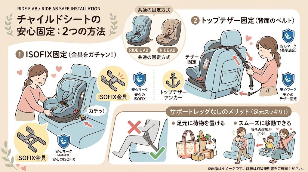 リライドE ABとリライドABは安心のISOFIXとトップテザー固定