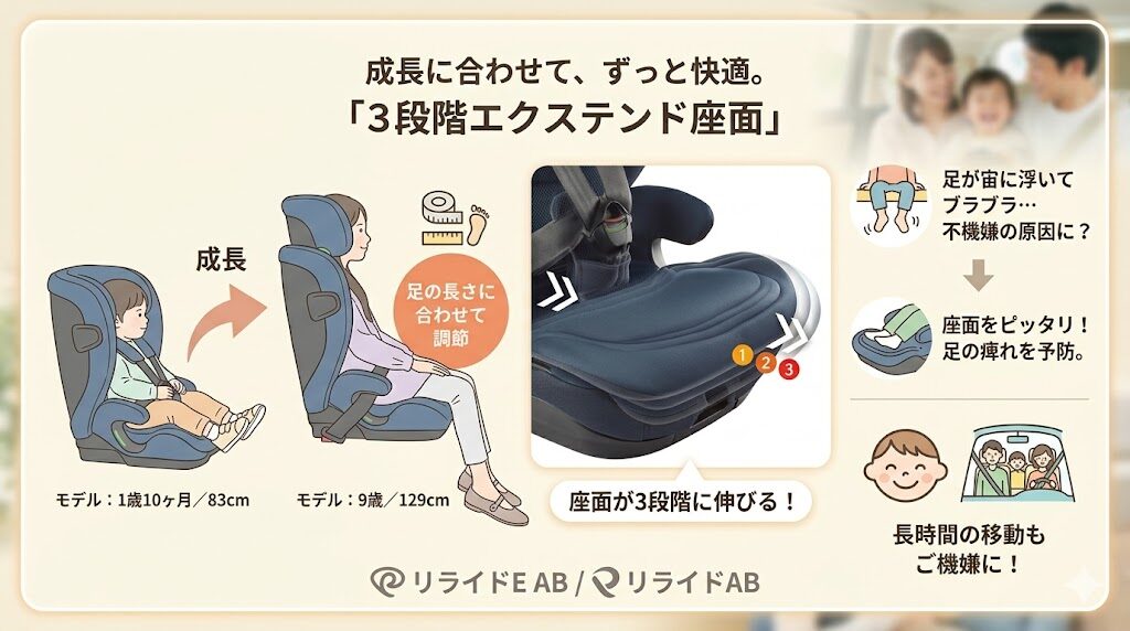 リライドE ABとリライドABは3段階に伸びるエクステンド座面